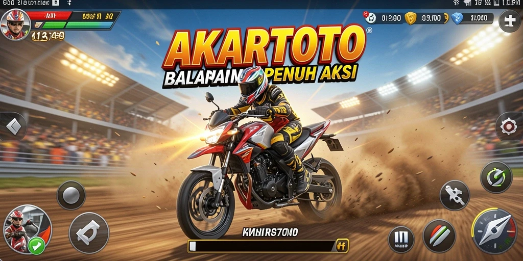 Tangkapan layar gameplay AKARTOTO dengan aksi balapan motor yang mendebarkan.