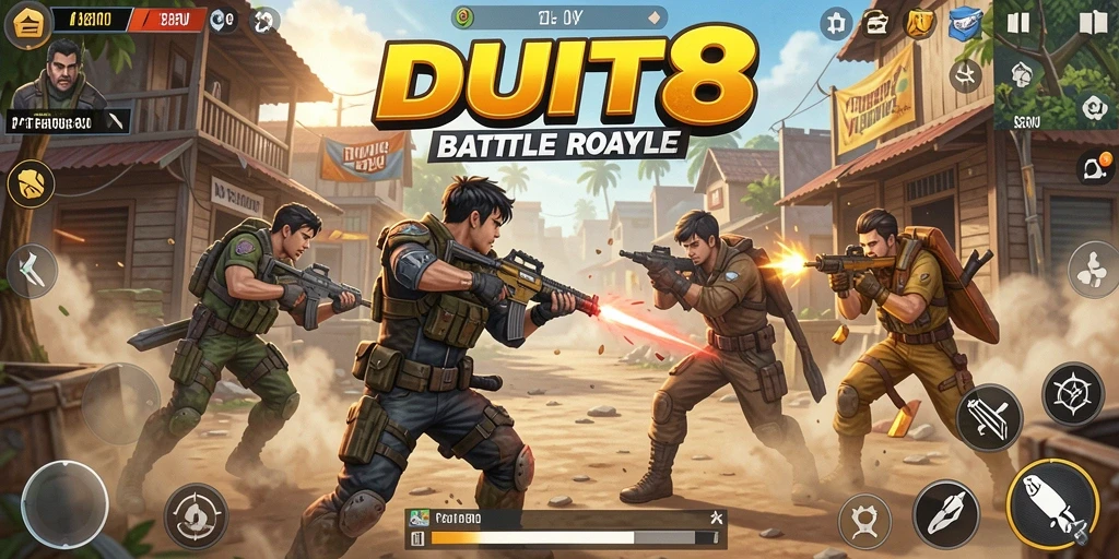 Tampilan gameplay DUIT8 yang intens dan seru di medan perang Battle Royale.