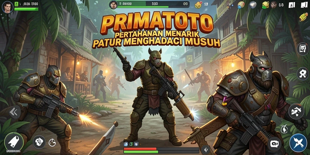 Gameplay seru PRIMATOTO yang memperlihatkan pertahanan menara melawan gelombang musuh.