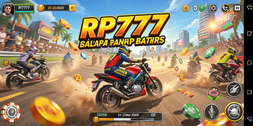 Screenshot gameplay RP777 yang menampilkan aksi balapan yang mendebarkan.