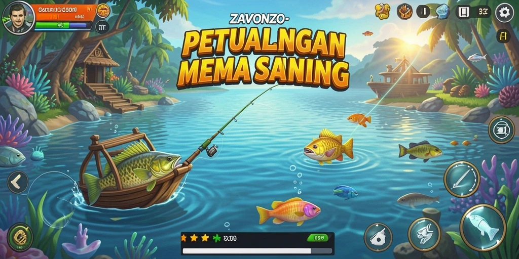 Tampilan gameplay ZAVONZO yang menampilkan serunya memancing di alam terbuka.